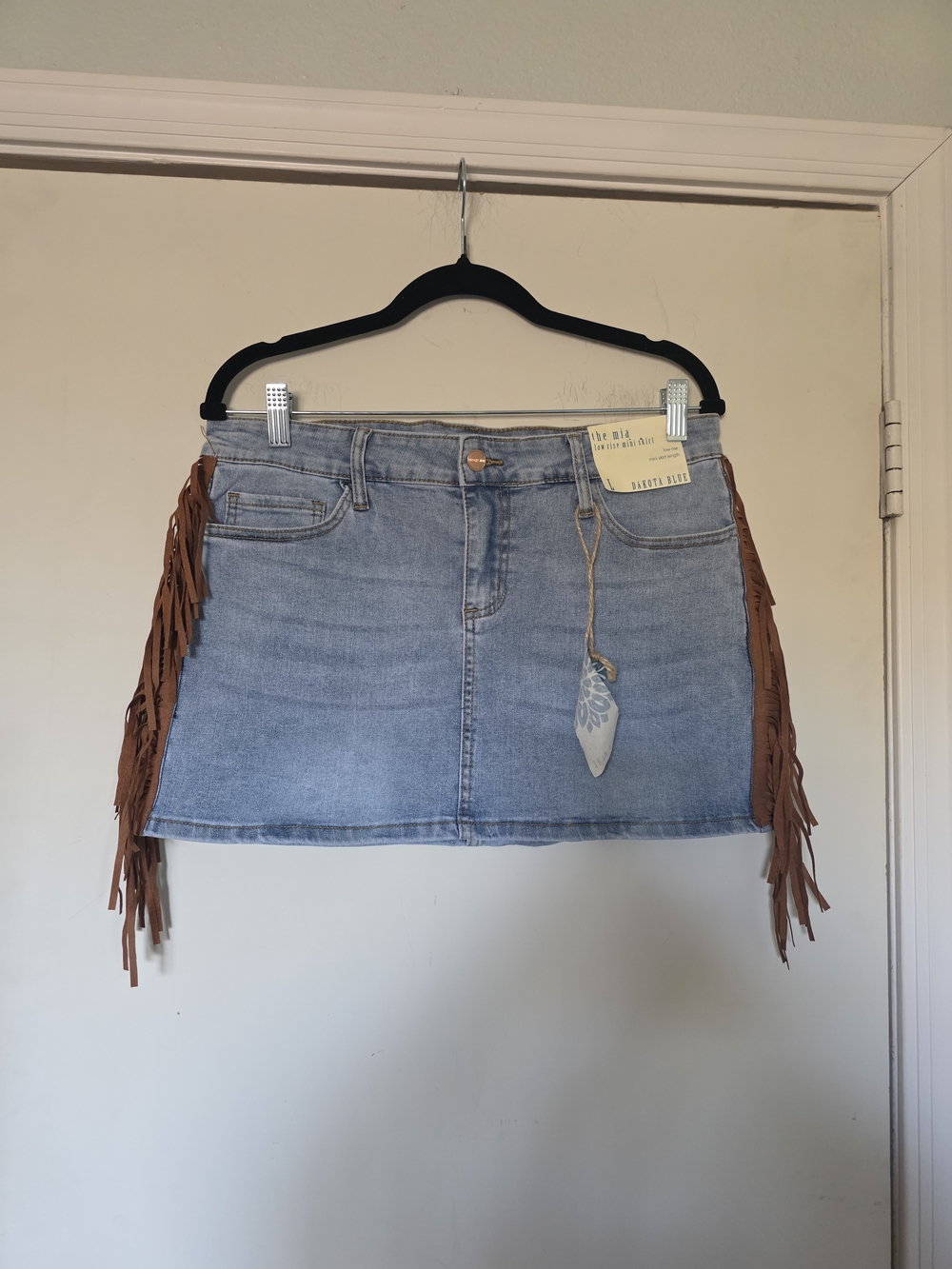 Blue Denim Mini Skirt with Brown Fringe Accents